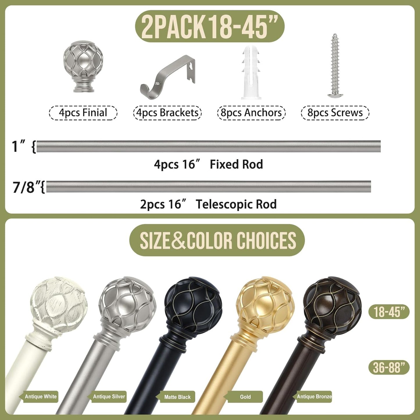 Silver Farmhouse Curtain Rods for Windows:Heavy Duty Adjustable Curtain Rod for Bedroom Living Room,Boho Decorative Rustic Drapery Rods with Vintage Coastal Finial,Antique Silver 2 Pack 18-45"