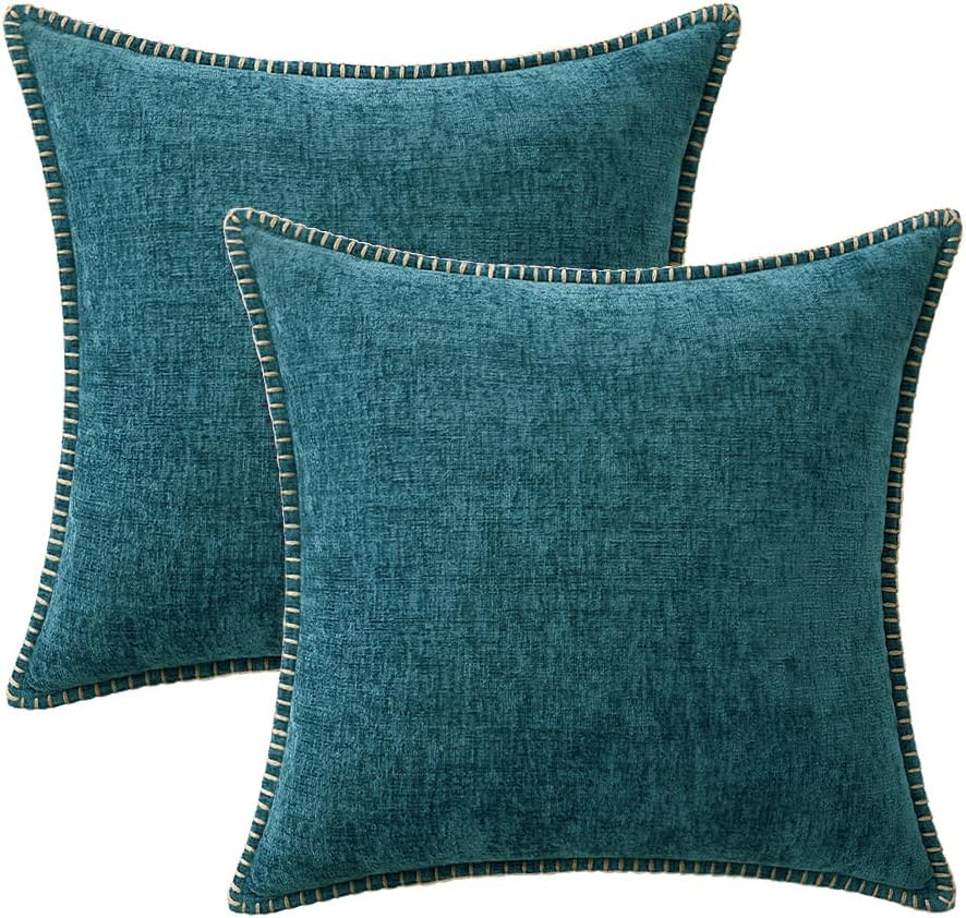MIULEE Pack of 2 Couch Throw Pillow Covers 18x18 Inch Coastal Dark Teal Farmhouse Decorative Pillow Covers with Stitched Edge Soft Chenille Solid Dyed Spring Pillow Covers for Sofa Bed Living Room