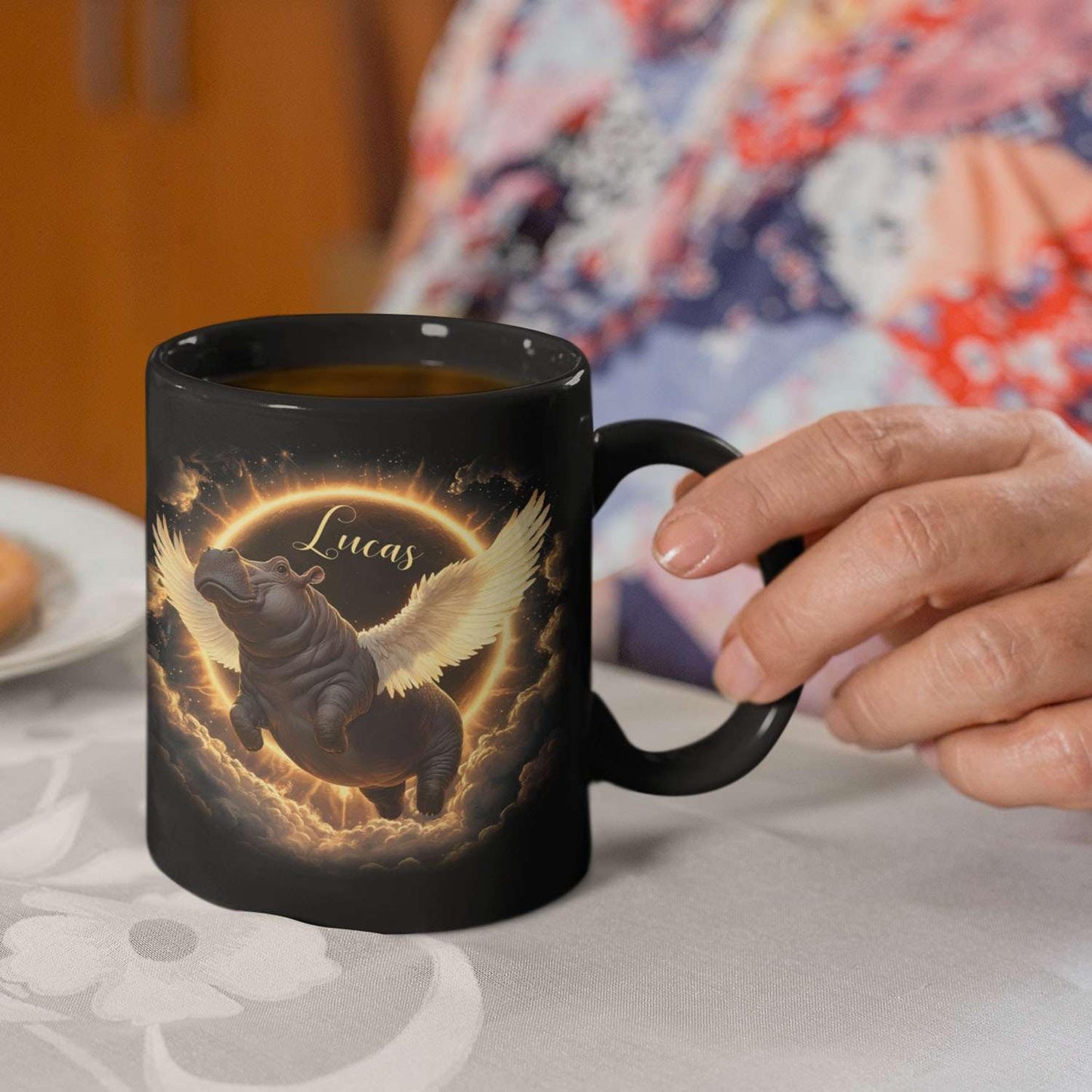 Personalized Choose Name Coffee Mug, Custom Hippo Ceramic Coffee Cup 11oz 15oz, Fantasy Animal Black Cup for Kids, Custom Whimsical Hippo with Wings Mug, Gifts for Holiday