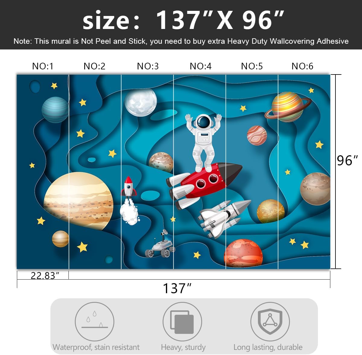 -Kindergarten Children Galactic Planet Fabric Wallpaper Living Room Bedroom Boys Girls Children Cartoon Astronauts Large Mural- 137"x96"( not Peel and Stick)