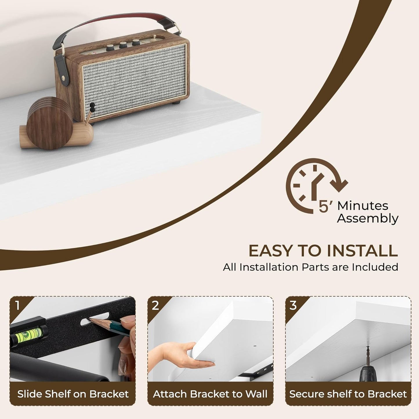 RICHFOCUS 55Inch Floating Shelves for Wall 1 Pack Shelves for Bedroom|Kitchen|Bathroom Wall Mounted Rustic Wood Floating Shelf with Invisible Brackets for Books|Storage|Decor, White