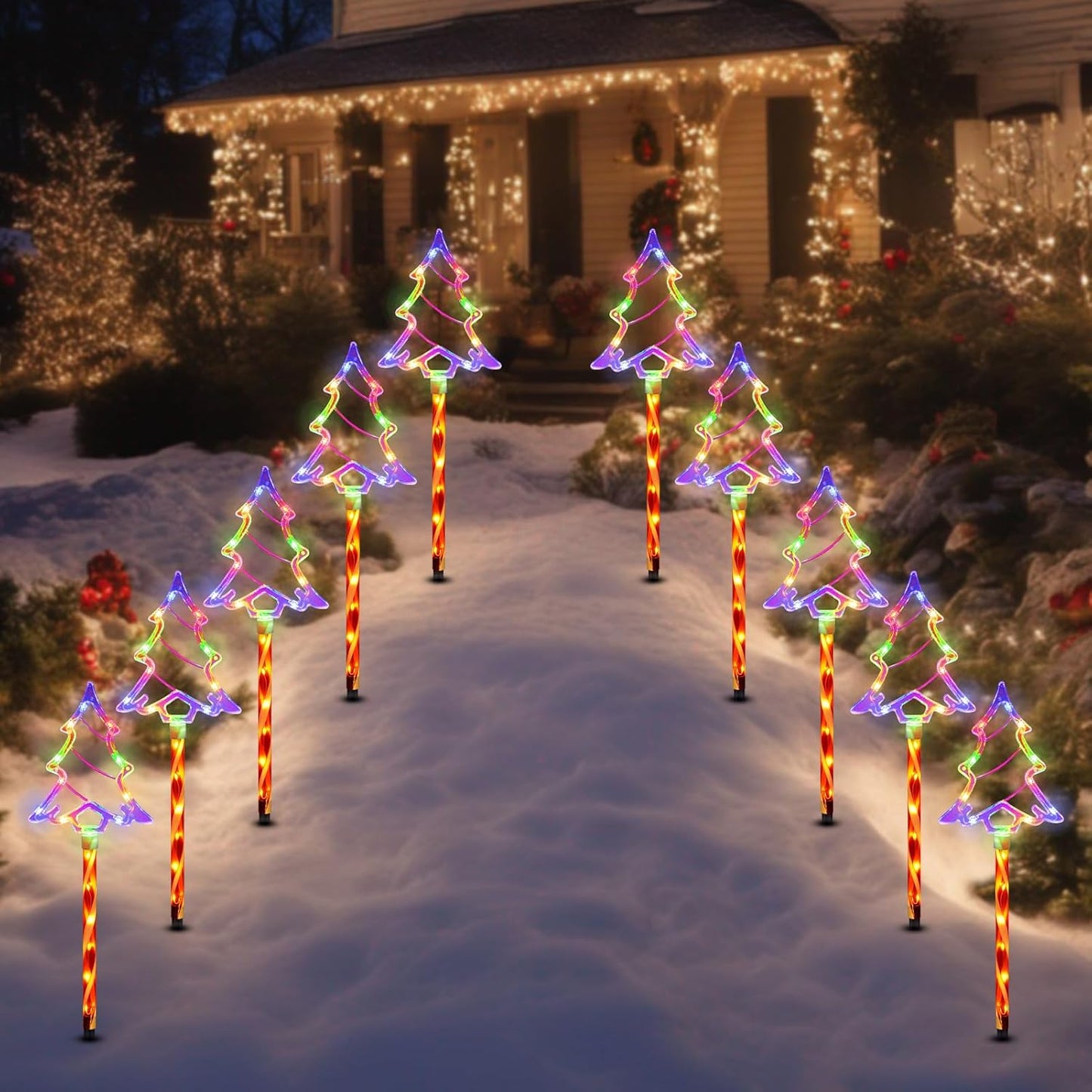 Christmas Solar Pathway Lights Outdoor Decorations, 8 Modes Xmas Tree Candy Lights Waterproof Led Garden Stake Light for Walkway Yard Lawn Porch Holiday Decor 5-Pack (Multicolor Tree, 5 Pack)