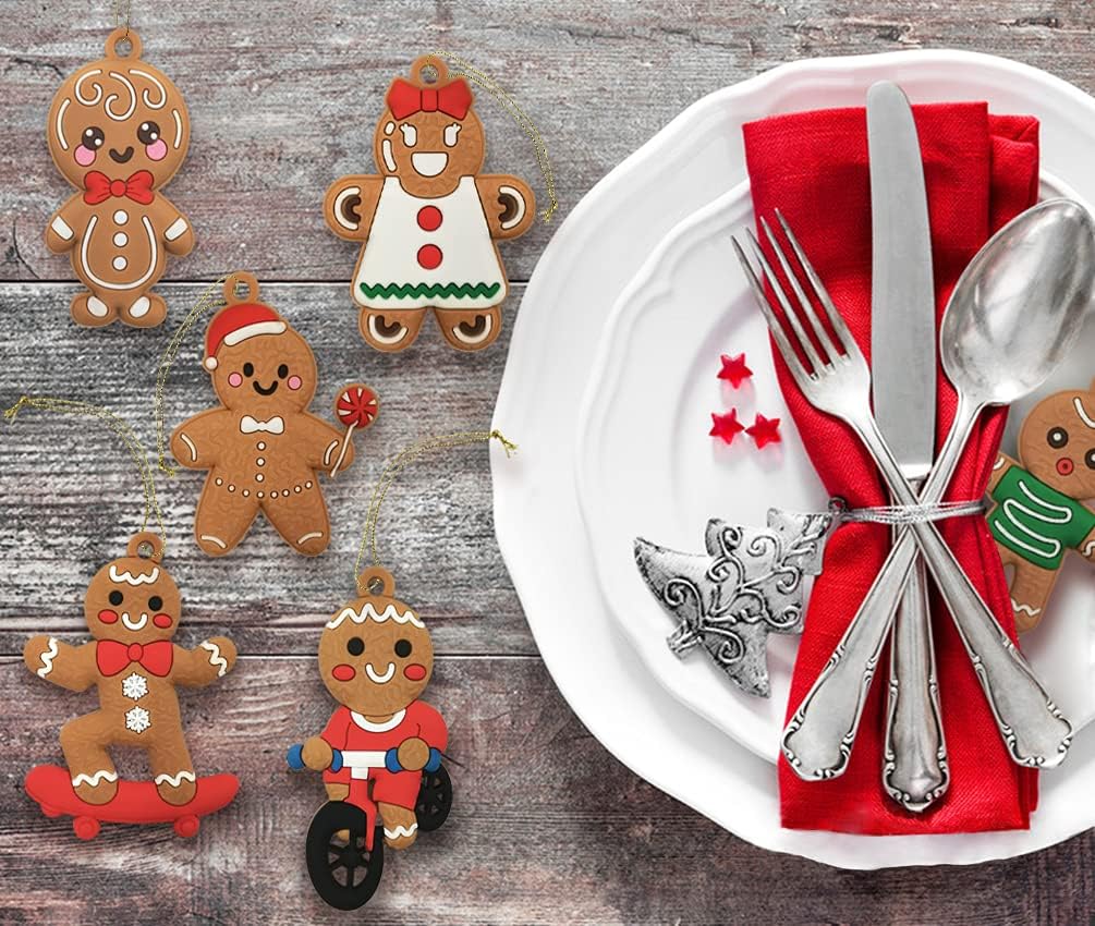12pcs Christmas Gingerbread Man Ornaments for Christmas Tree Decorations Assorted Plastic Gingerbread Figurines Xmas Holiday Decorations 3 Inch Tall