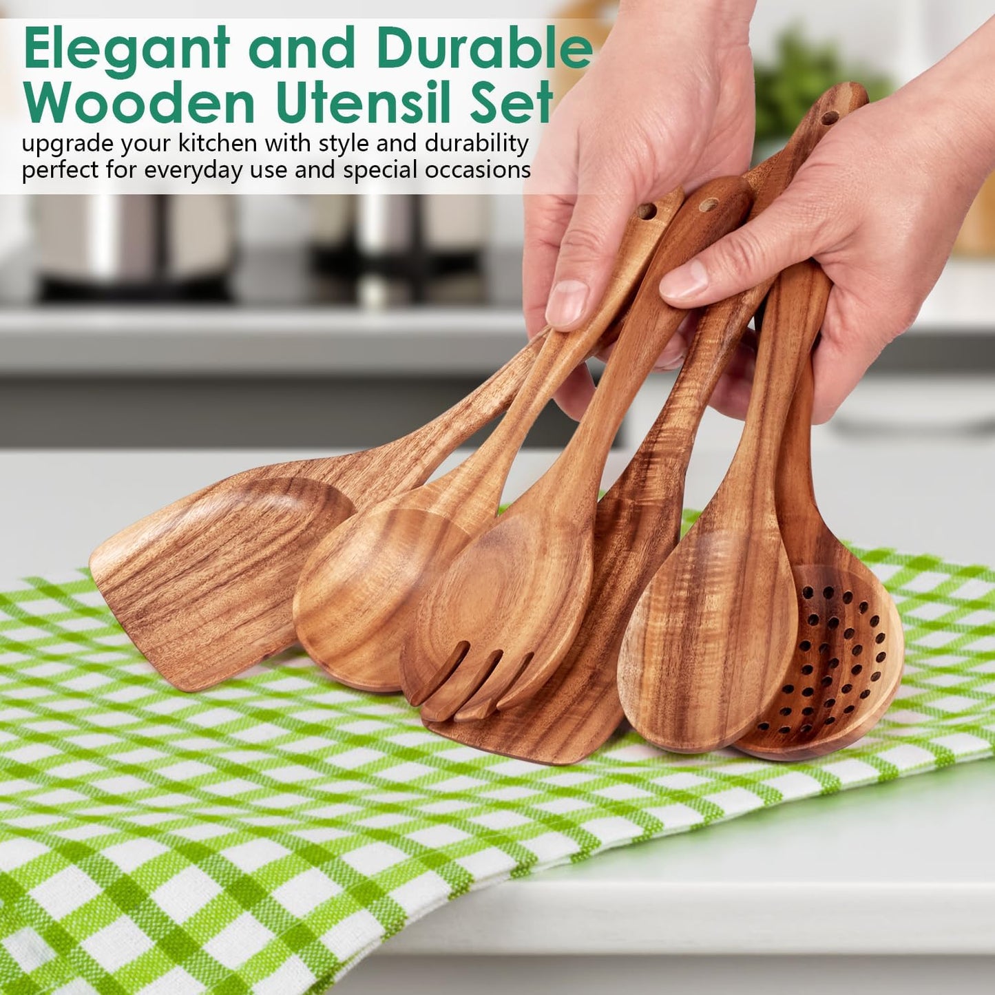 Wooden Spoons for Cooking 6 Piece - Natural Teak Wood Kitchen Utensils Set - Smooth Finish Soft Comfort-Grip Safe for Nonstick By HOWHONG