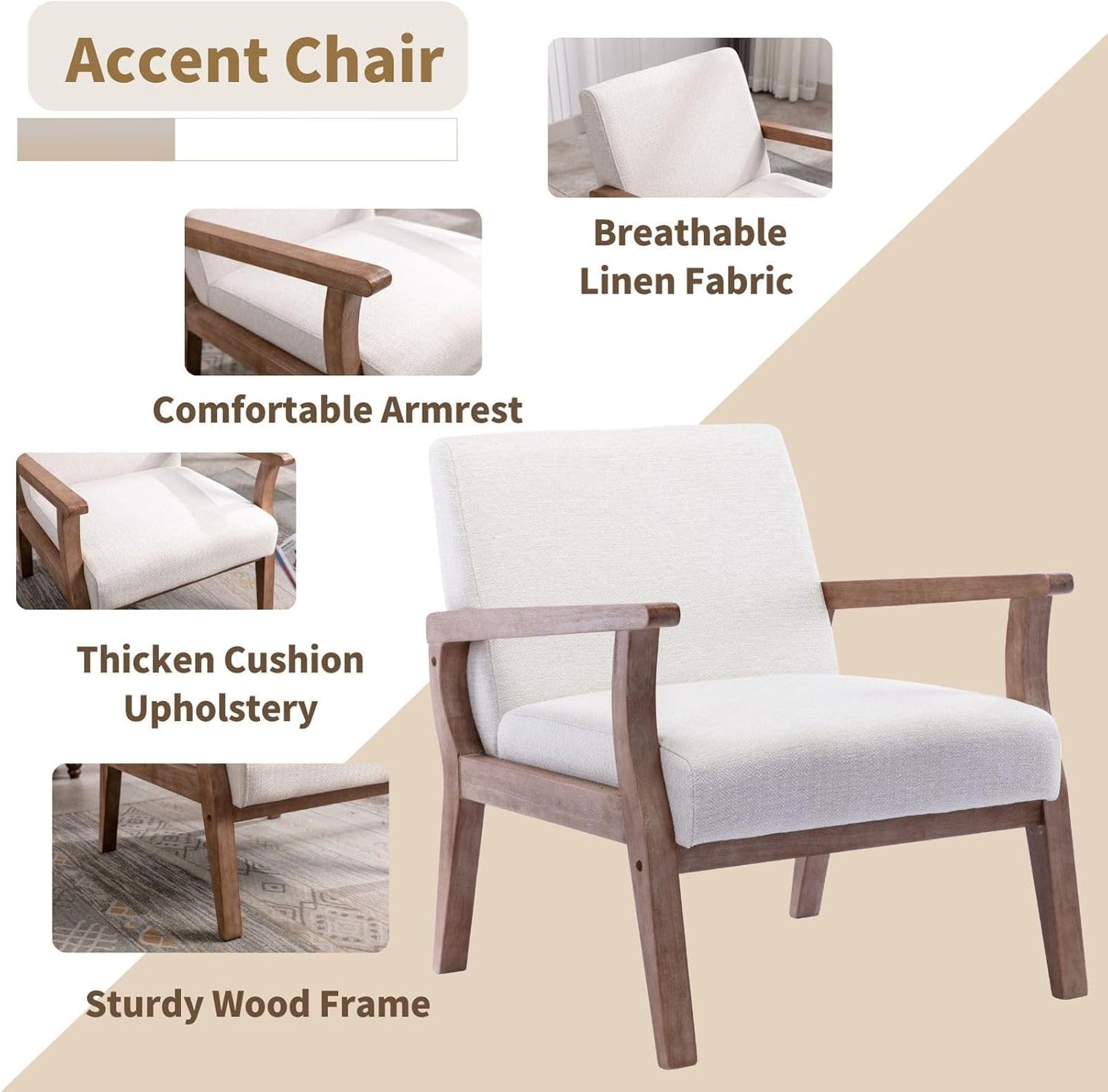 HNY Mid Century Modern Accent Chairs Set of 2 with Wood Frames, Linen Upholstered Living Room Arm Chairs for Living Room, Bedroom, Ivory