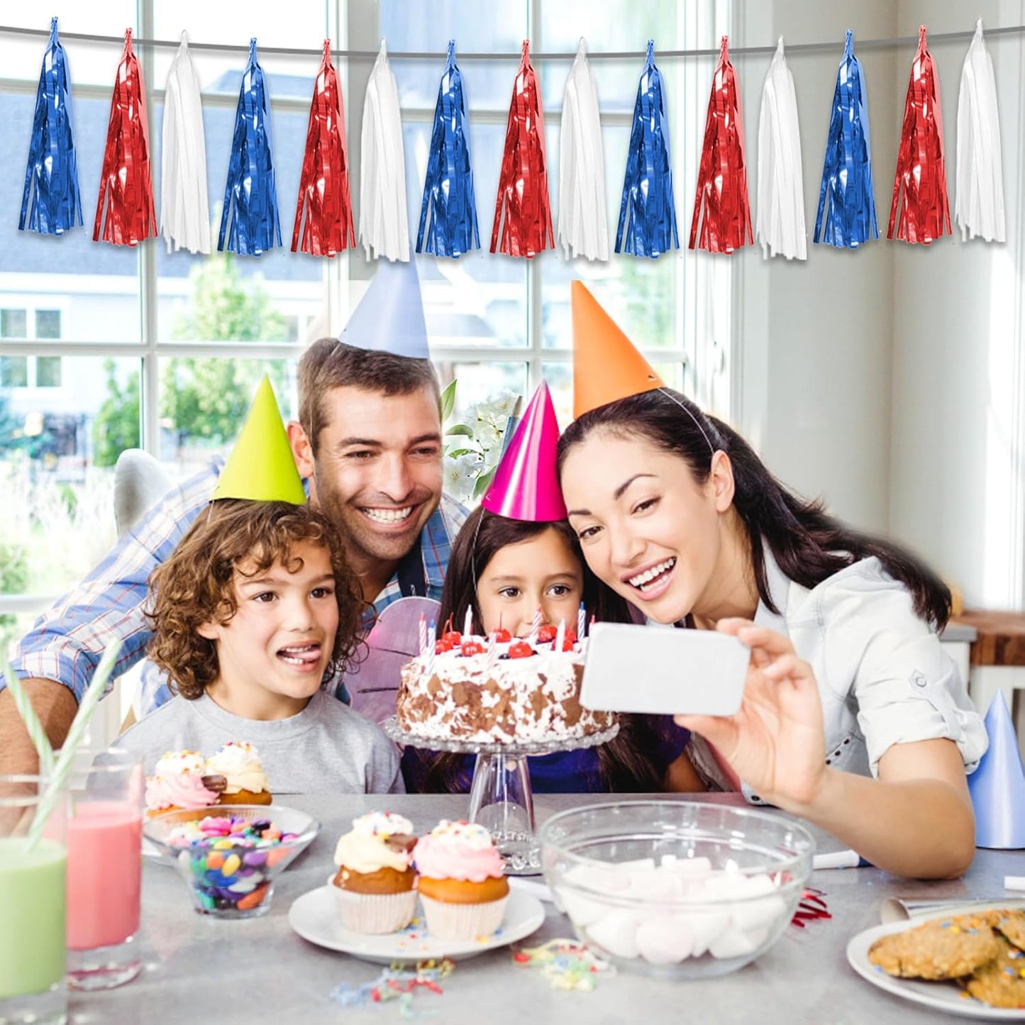 3P Red Blue White Foil Fringe Metallic Tassel Streamers Banner Tassel Garland for Parade Floats, Bachelorette, Wedding, Birthday, Halloween, Christmas, Bridal/Baby Shower Party Decorations