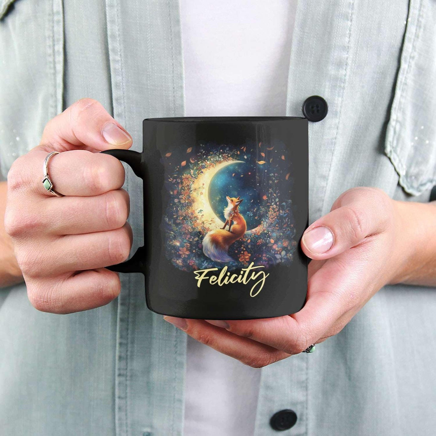 Personalized Name Ceramic Mug, Enchanted Forest Themed Decorative Cup, Custom Cute Fox With Crescent Moon Mug, Customized Floral Fox Coffee Cup 11oz 15oz, Animal Black Mug For Kids