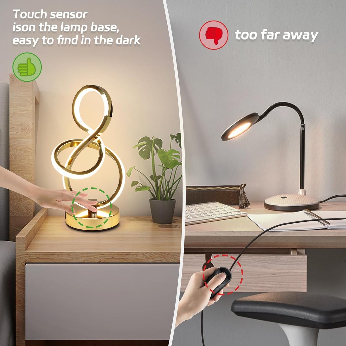 Modern Table Lamp, LED Bedside lamp with USB C+A ports, Touch Stepless Dimmable Nightstand lamp, Unique Spiral Table lamp for Bedroom Living Room Home Office, Spiral lamp for Ideal Gift, Gold