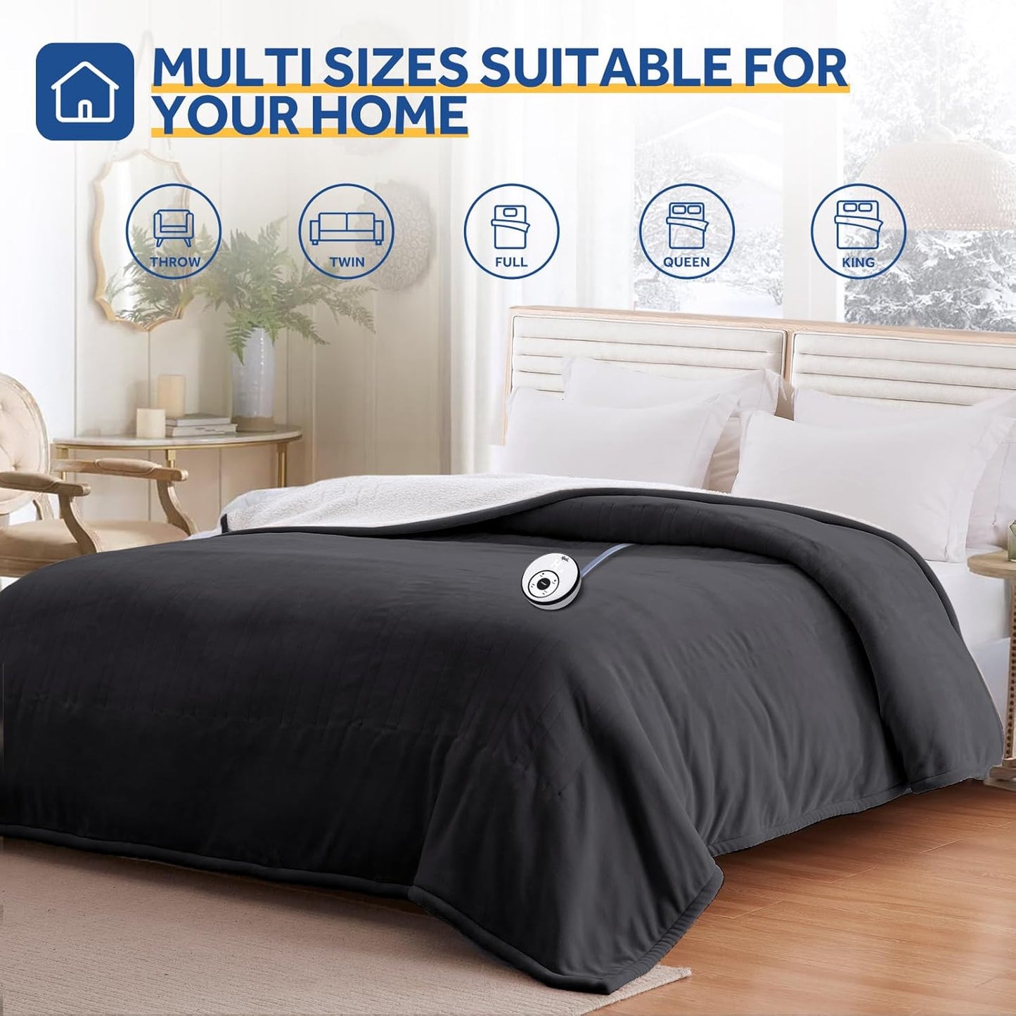 Sealy Electric Blanket Twin Size 62"*84",Super Cozy Flannel to Sherpa Reversible Heated Twin Blanket with 10 Heating Levels & 1-12 Hours Auto Off Overheating Protection Machine Washable, Charcoal