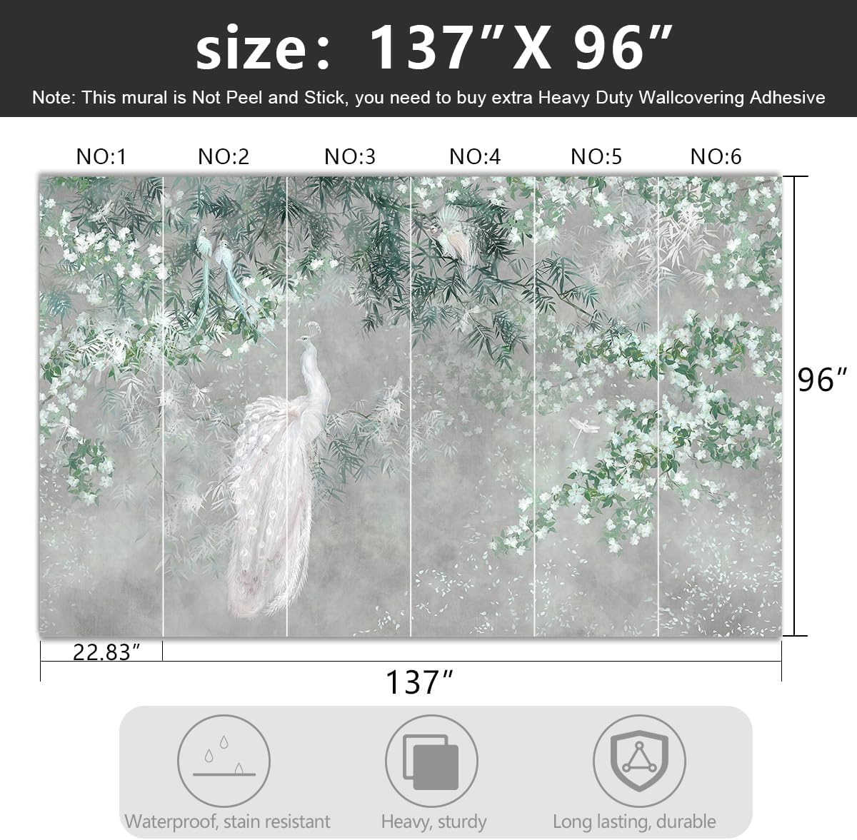 -Green Leaf Botanical Peacock Fabric Wallpaper Wallpaper Living Room Bedroom Bathroom Grey Plant Large Wall Mural- 137"x96"( not Peel and Stick)