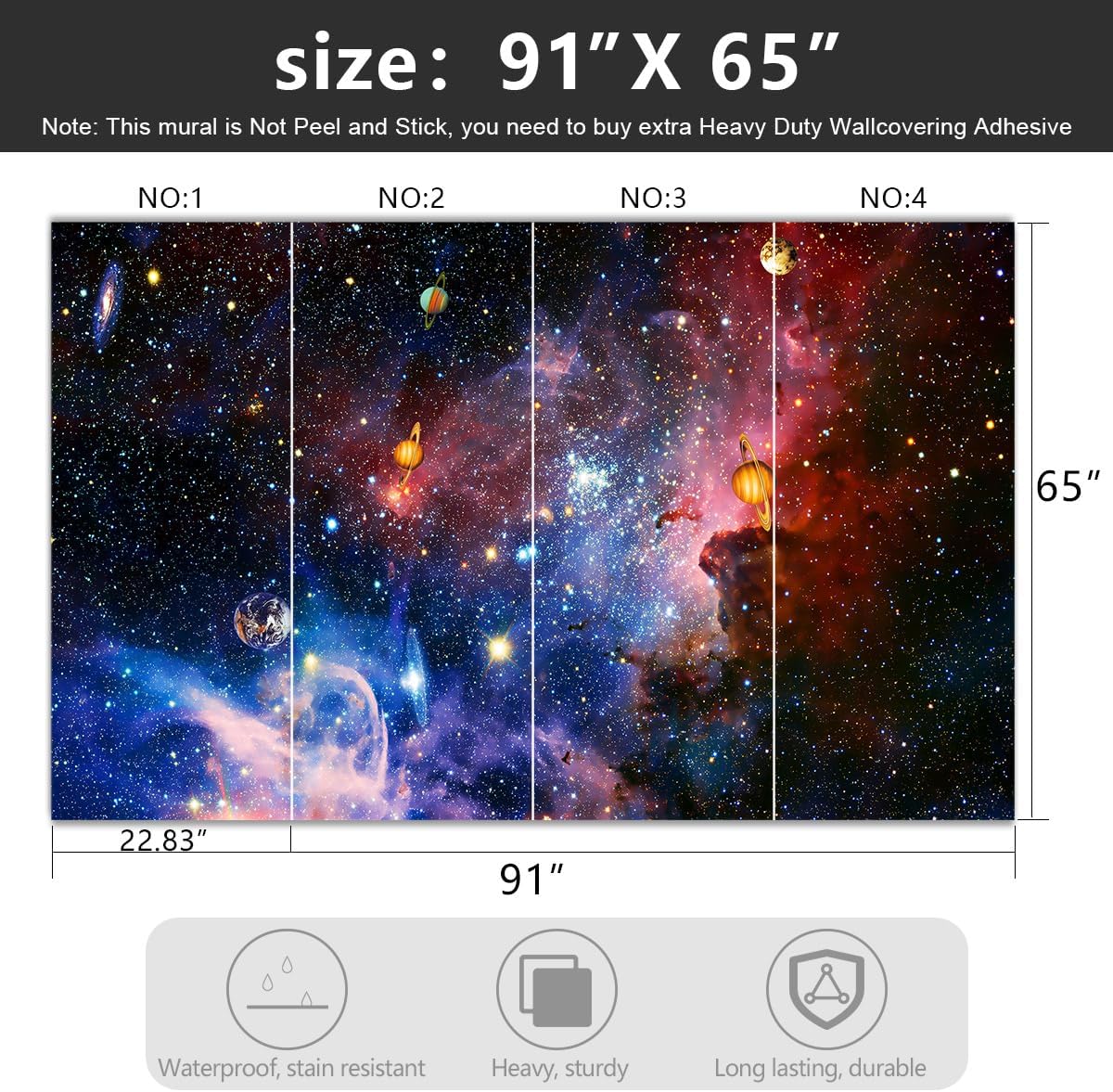 -Galaxy Universe Planet Ceiling Fabric Wallpaper Boys Girls Nursery Starry Sky Children Bedroom Bathroom Large Mural- 91"x65"( not Peel and Stick)
