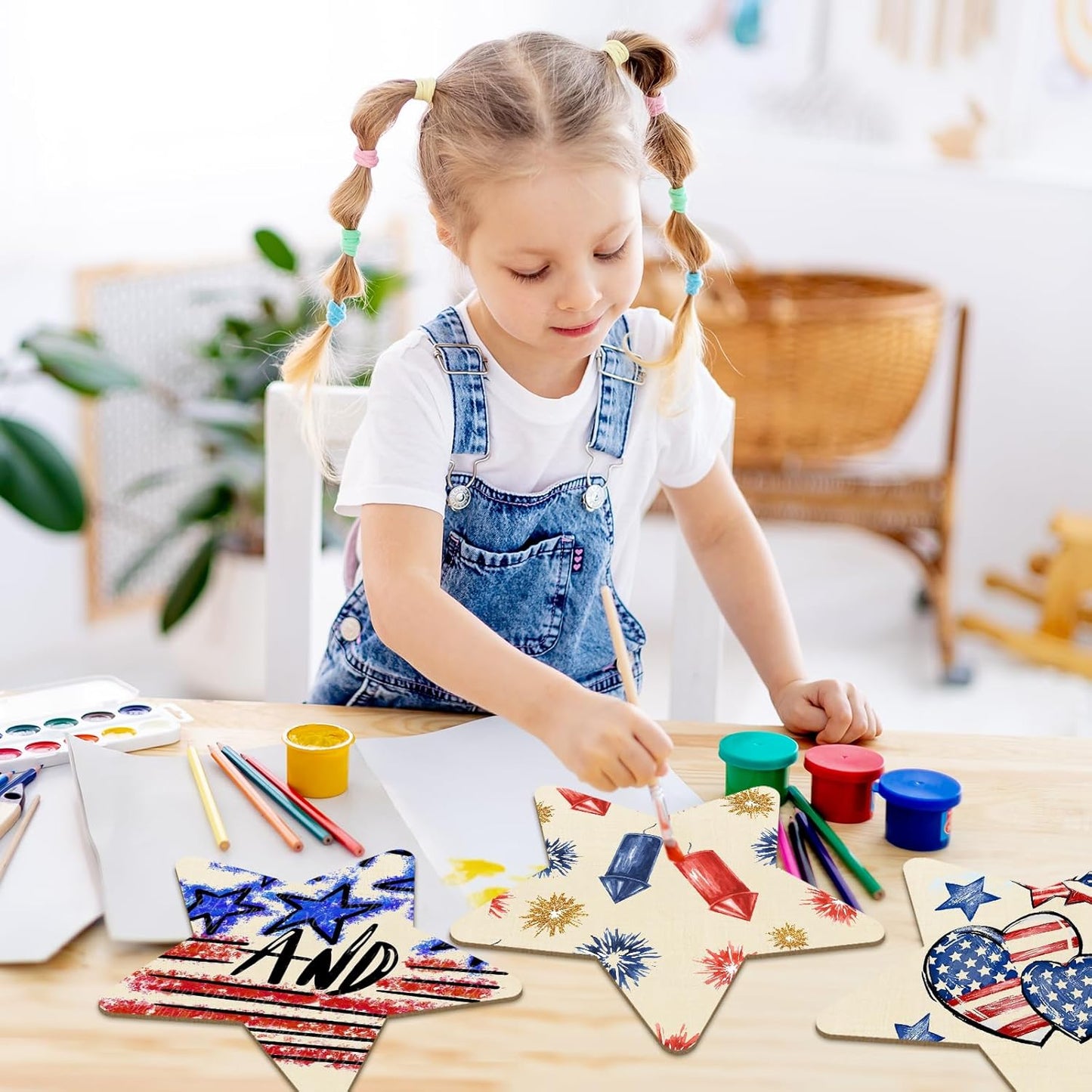 Large Size Wooden Star 4th of July Ornaments to Paint, Independence Day Wooden Patriotic Day DIY Blank Cutouts Unfinished Round Ornament for Crafts Summer Decorations 6 Pack