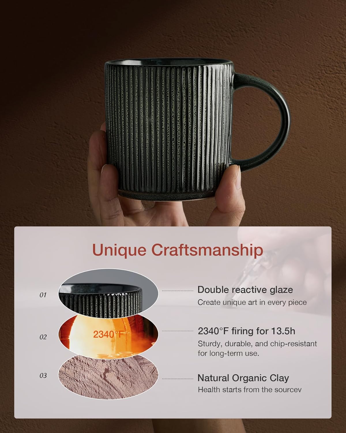 famiware Coffee Mug Set for 4, Star 12 oz Catering Mugs Cup Set with Handle for Coffee, Tea, Cocoa, Milk - Ceramic Stoneware Drinkware Set, Deep Forest