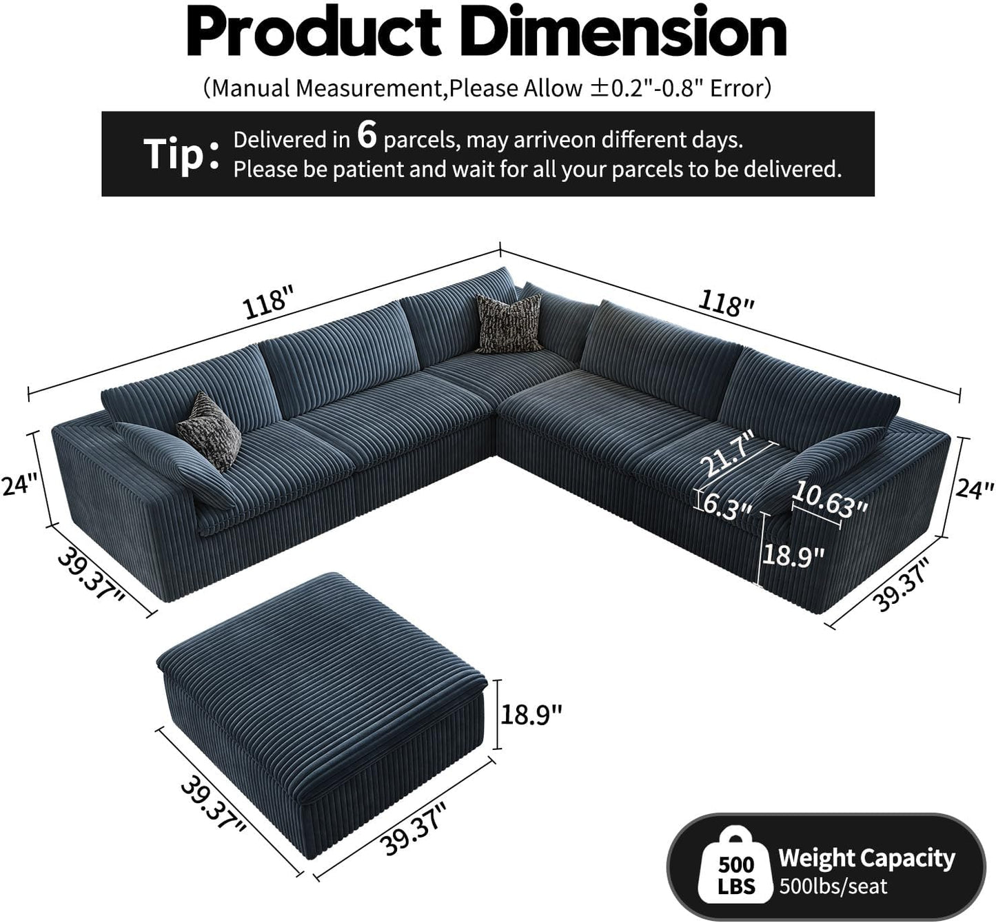 118" Cloud Couch Oversized Modular Sectional Sofa for Living Room,Modern Sofa with Deep Seat,6 Seater Boneless Couch,Comfy Upholstered Corduroy Couches for Apartment, Studio, Office,Bedroom,Blue