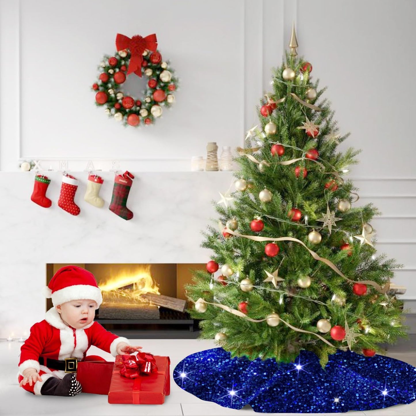 MODFUNS Blue Sequence Christmas Tree Skirt 21 Inches Mini Christmas Tree Mat for Home Decor Miniature Unique Xmas Tree Carpet Skirts Ornament for Christmas Day Family Reunion Holiday Party Banquet