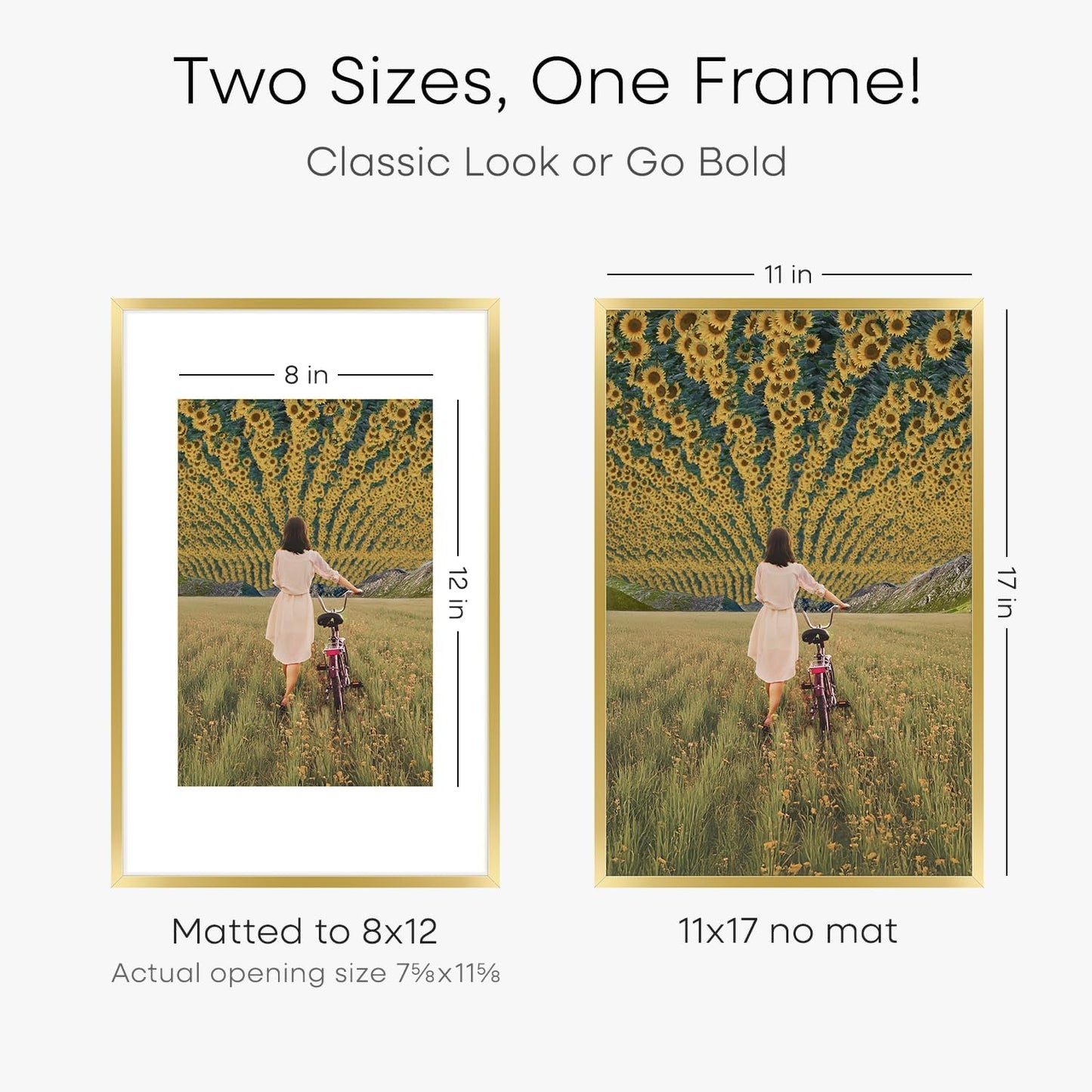 Homeforia 11x17 Picture Frame Gold, High End Metal 11x17 Poster Frames with Mat 8x12 for Photo, 11 x 17 Gold Frame Matted to 8 by 12 Print, 17x11 Thin Hanging Frame, Tempered Glass, Wall Kit, Set of 1