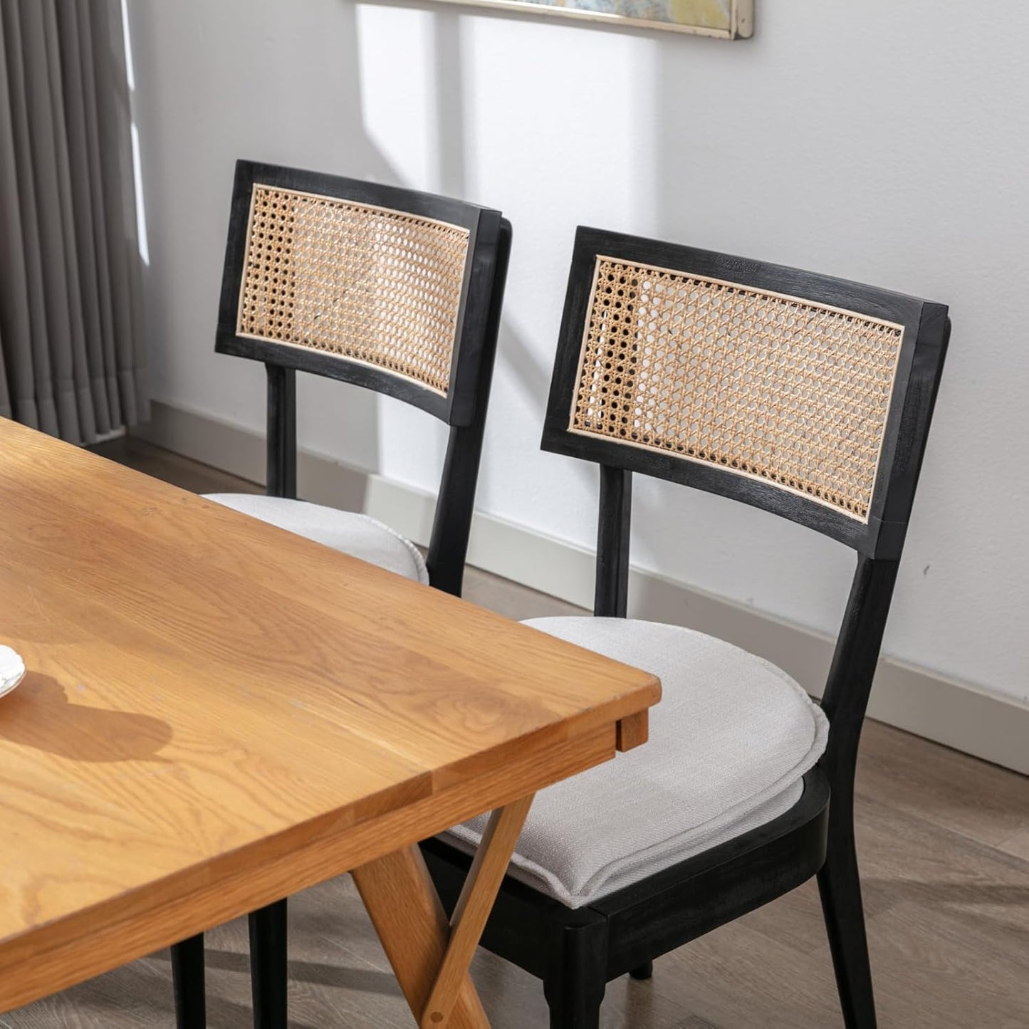 Rattan Dining Chairs Set Of 4 , Mid Century Modern Black Wooden Cane Back Chairs with Removable Linen Cushion , Retro Farmhouse Upholstered Kitchen & Dining Room Chairs for Restaurant Living Room