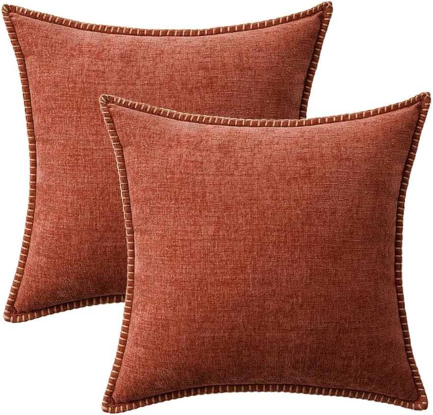 MIULEE Pack of 2 Fall Couch Throw Pillow Covers 20x20 Inch Burnt Orange Farmhouse Decorative Pillow Covers with Stitched Edge Soft Chenille Solid Dyed Pillow Covers for Sofa Bed Living Room