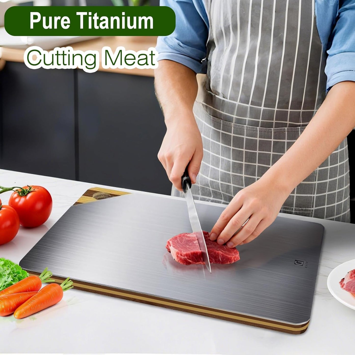 Titanium Cutting Board for Kitchen, Cutting Board Double Sided Food Grade, Pure Titanium and Natural Bamboo, with Deep Juice Grooves, Large Size 15.6”×11”