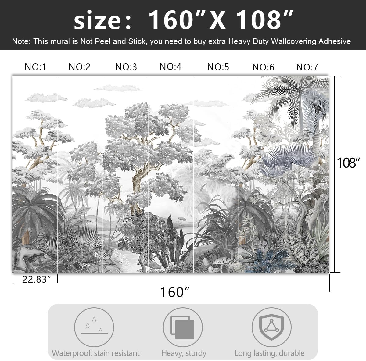-Tropical Rainforest Botanical Grey Jungle Forest Fabric Wallpaper Living Room Palm Leaf Plant Bedroom Bathroom Large Wall Mural- 160"x108"( not Peel and Stick)