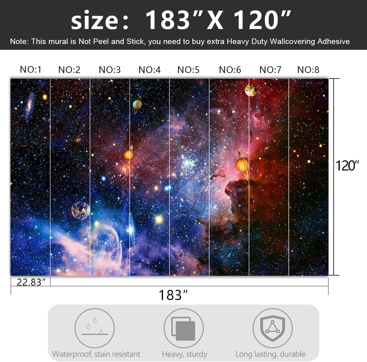 -Galaxy Universe Planet Ceiling Fabric Wallpaper Boys Girls Nursery Starry Sky Children Bedroom Bathroom Large Mural- 183"x120"( not Peel and Stick)