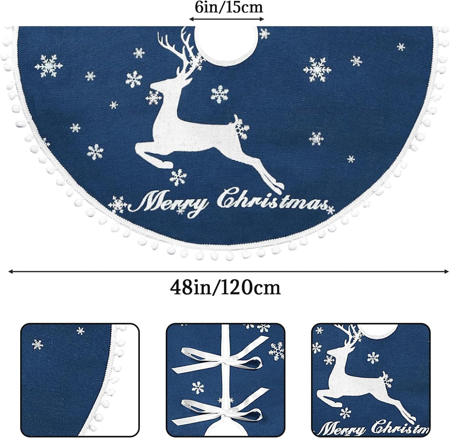 48 Inch Christmas Tree Skirt, Burlap Blue Christmas Rustic Tree Skirt with Elk Deer and White Snowflake Printed for Holiday Party Xmas Tree Decoration