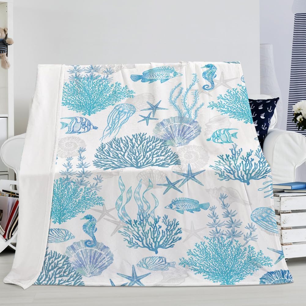 Blue Ocean Beach Throw Blanket Nautical Coastal Bed Blanket Starfish Seashell Coral Blankets Super Soft Flannel Fleece Throw Blanket for Couch Bed Decor “50 x60”