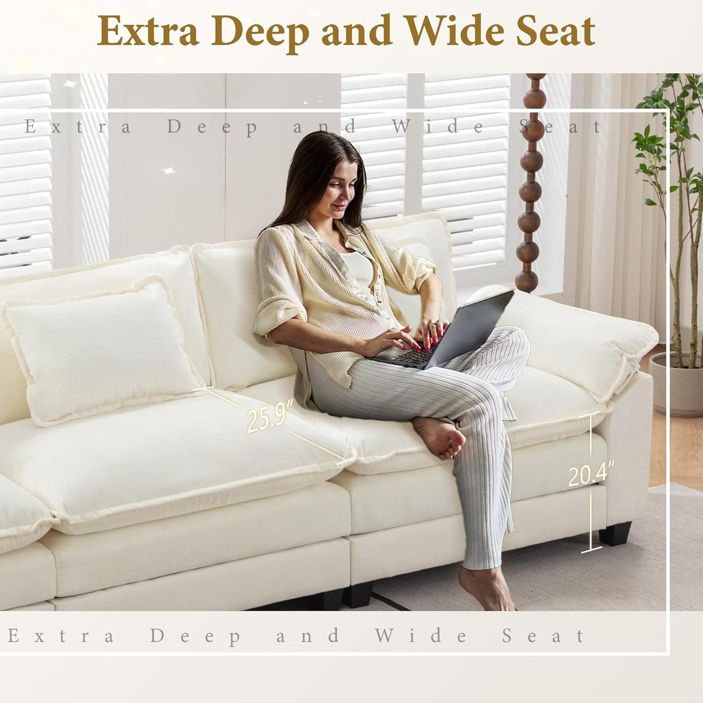 URRED Modular Sectional Sofa Comfy Cloud Couch, Modern Chenille Sofa Sleeper Deep Seat Couches with Ottoman/Pillows for Living Room (White, 117'' - U Shape)