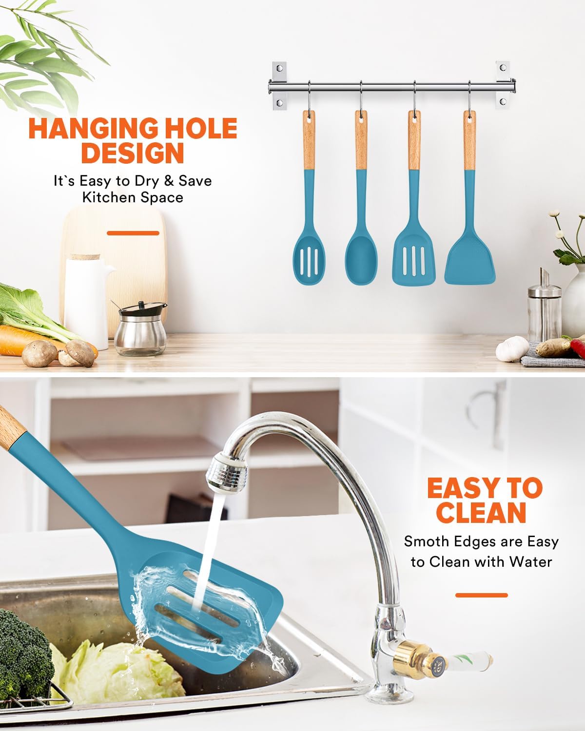 Silicone Cooking Utensils Set, Perfectly Angled for Frying, Mixing,Serving,Draining,Turning and Stirring, BPA-Free Matte Silicone, Wood Handles, Safe for Nonstick Cooking Surfaces,4 Pack (Blue)