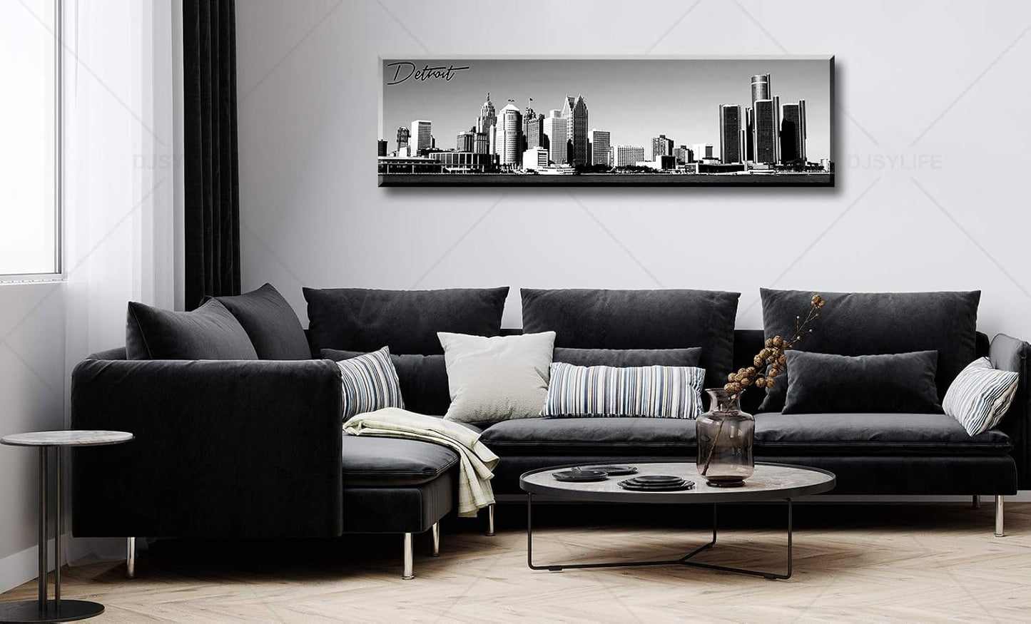 DJSYLIFE Detroit Skyline Wall Art Black and White Canvas Prints USA Skyscraper Panoramic Cityscape Picture for Bedroom Office Home Decoration Ready to Hang 13.8" x 47.3"