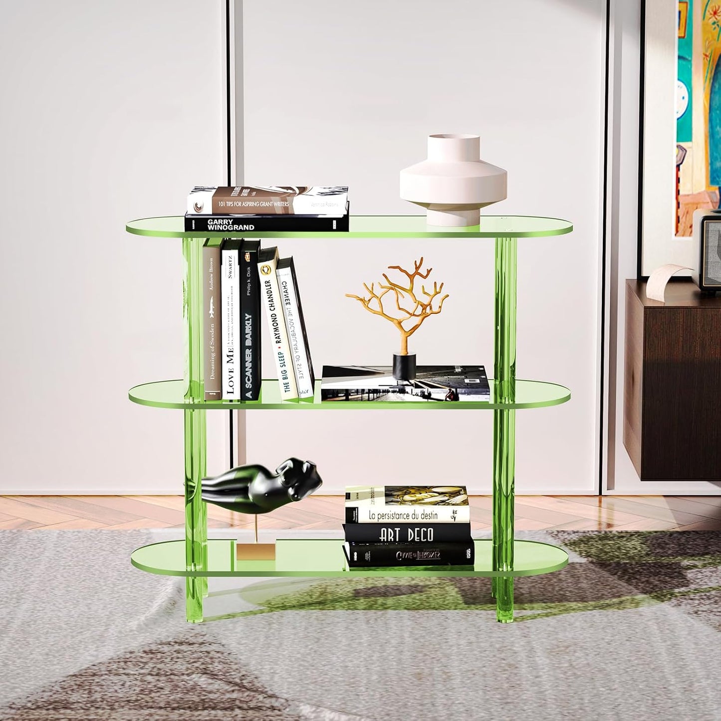 Clear Bookshelf, Acrylic Bookcase with Open Book Shelf Console Table for Entryway Office (3 Tier Green)