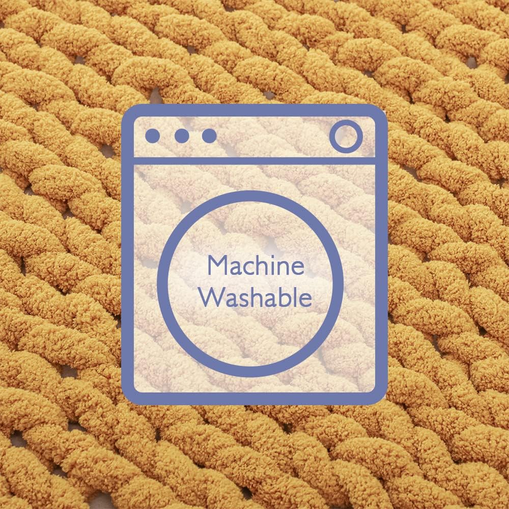 Bigacogo Chunky Knit Throw Blanket for Couch, 40x60 inches, 100% Hand Knitted with Thick Jumbo Chenille Yarn, Cozy Soft Large Rope Knot Cable Crochet Blankets for Sofa Bed Living Room, Mustard Yellow