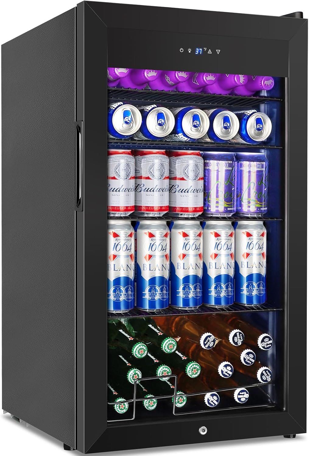 128 Cans Beverage Refrigerator Cooler, 3.2 Cu.Ft Mini Drink Fridge Glass Door for Drink Beer Soda Wine, Small Beer Fridge with 4 Removable Shelves for Kitchen Bedroom, Office Bar Gaming Room, Black