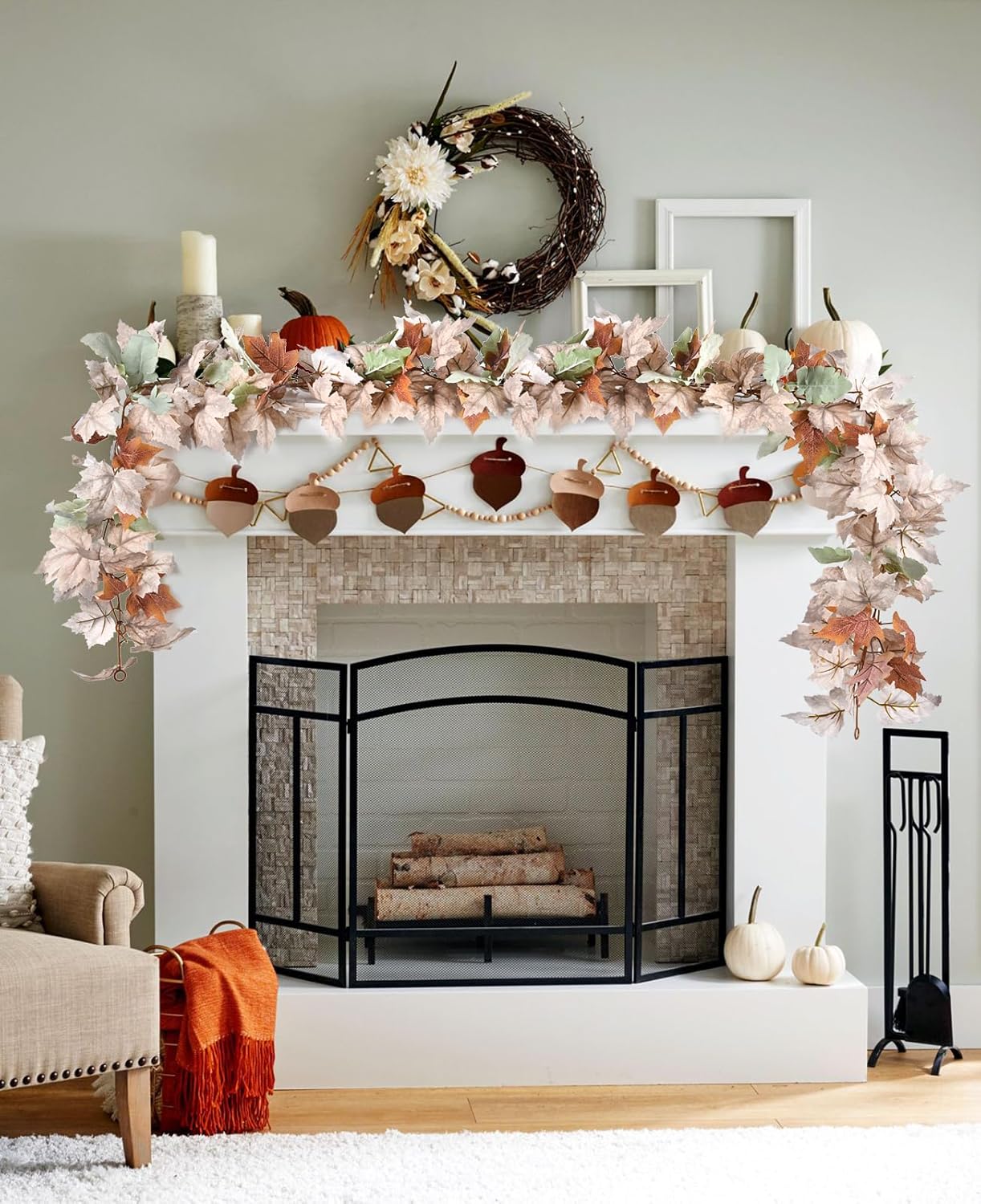 DearHouse 2 Pack Fall Maple Leaf Vine, 5.9Ft/Piece Hanging Garland White Autumn Foliage Thanksgiving Decor for Home Wedding Fireplace Party Christmas (White&Orange)
