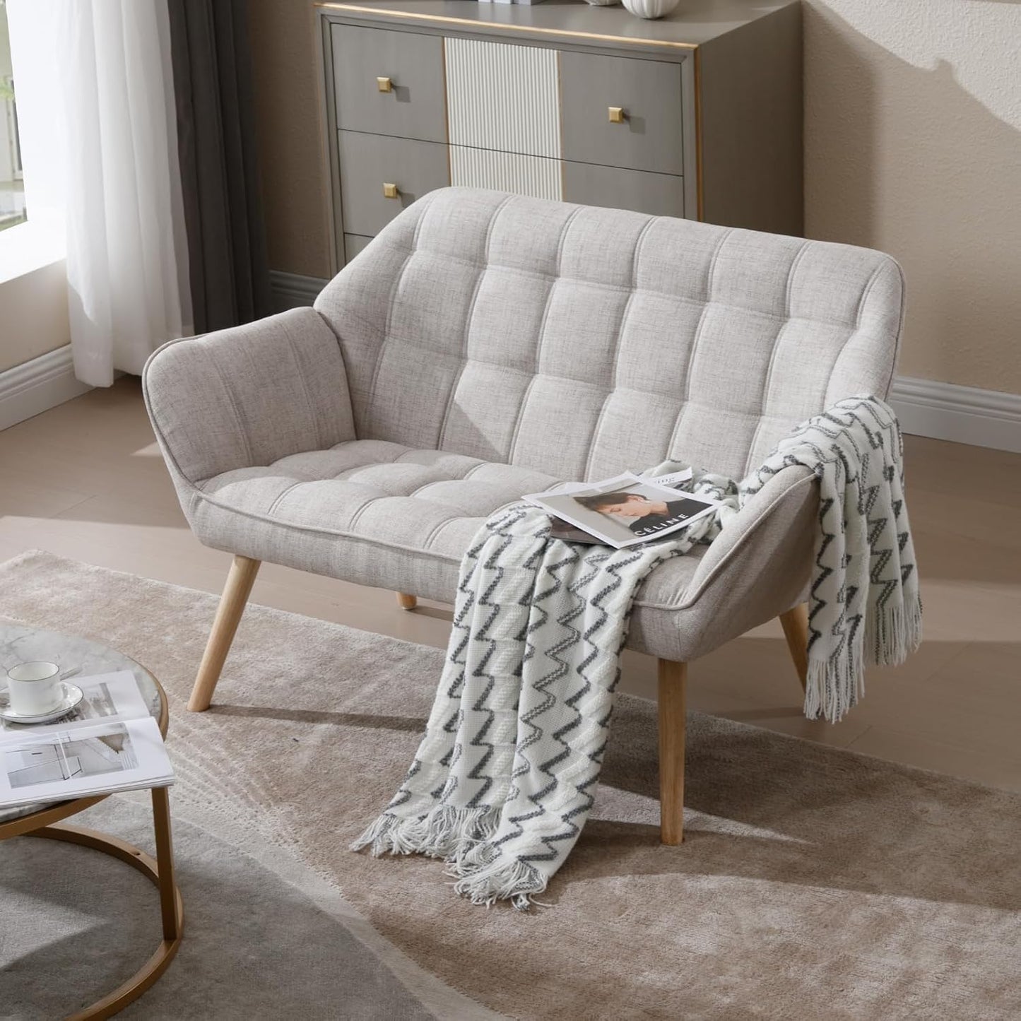 48”Small Loveseat Sofa, Modern Linen Upholstered Mini Couch 2-Seater Fluffy Love Seat with Quilting Backs and Wood Legs for Small Space Living Room, Bedroom, Beige