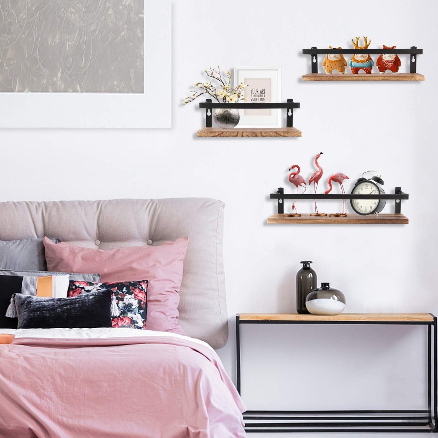 Floating Shelves Rustic Wood Wall Mounted Shelf Practical Metal Fence Design Ideal for Bedroom, Bathroom, Kitchen Set of 3(Carbonized Black)