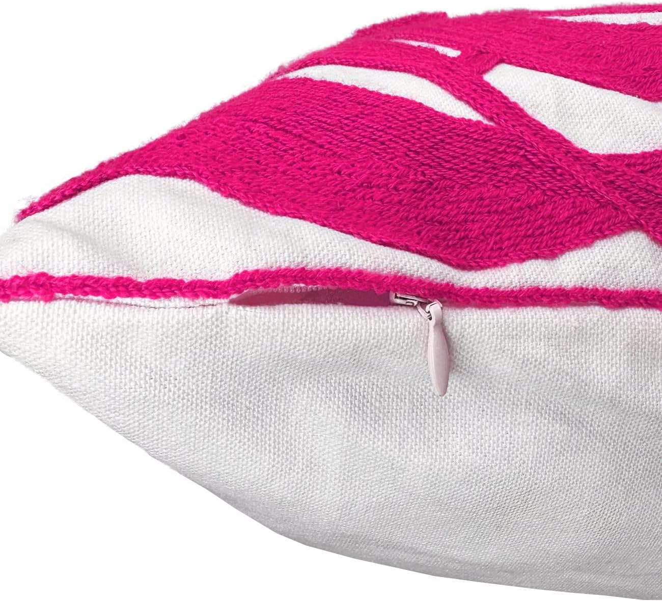 Alysheer Farmhouse Floral Leaves Embroidered Decorative Throw Pillow Cover 18x18 inches, Boho Tufted Flowers Embroidery Pattern Chic Cotton Cushion Case for Couch Bed Sofa Living Room(Bright Hot Pink)