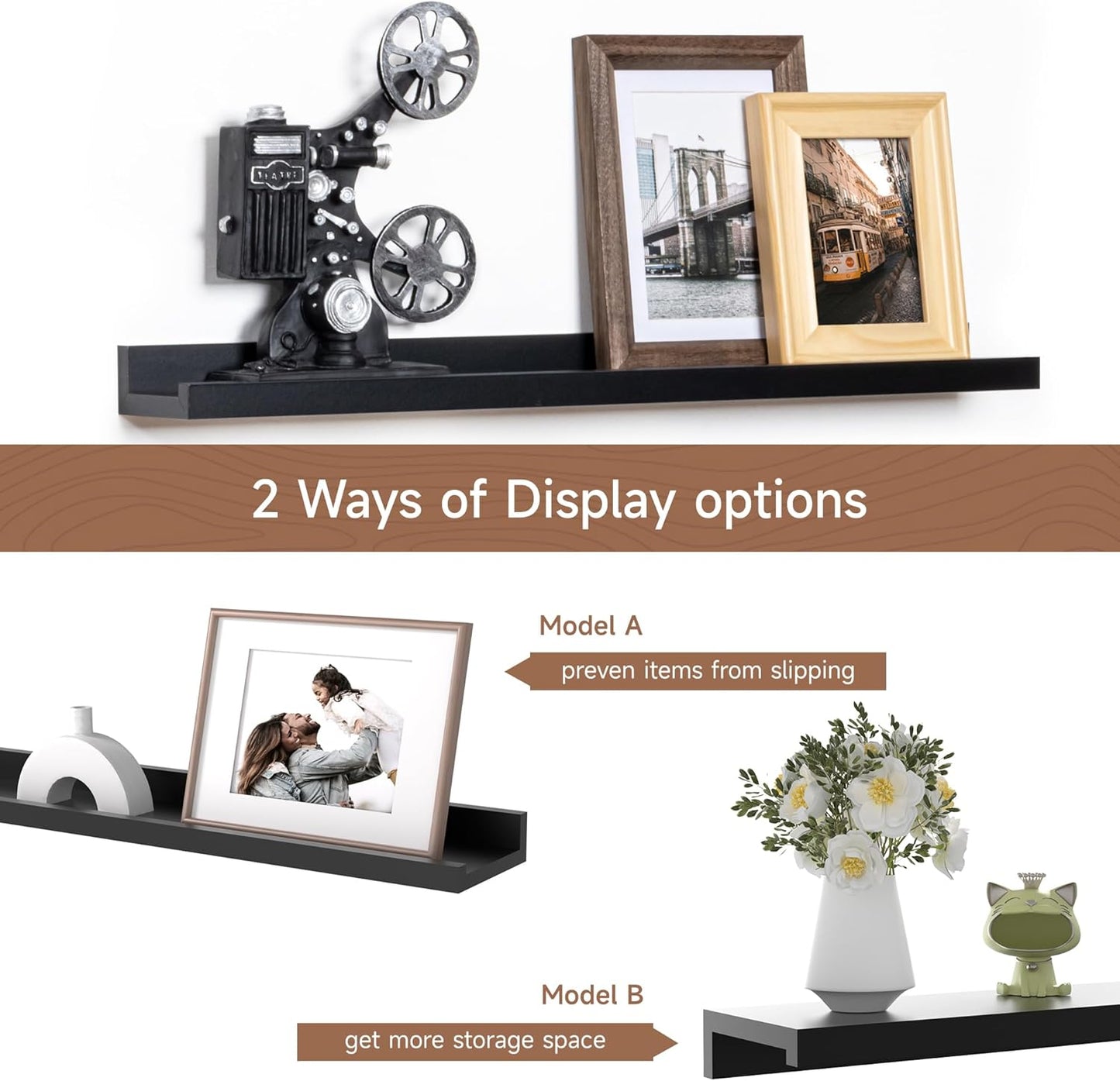 Fun Memories Picture Ledge Shelf, 24 Inch Floating Shelves Set of 2, Nursery Book Shelves for Toys Storage, Kids Bookshelf Wall Mounted for Wall Decor Books Photo Frames, Black