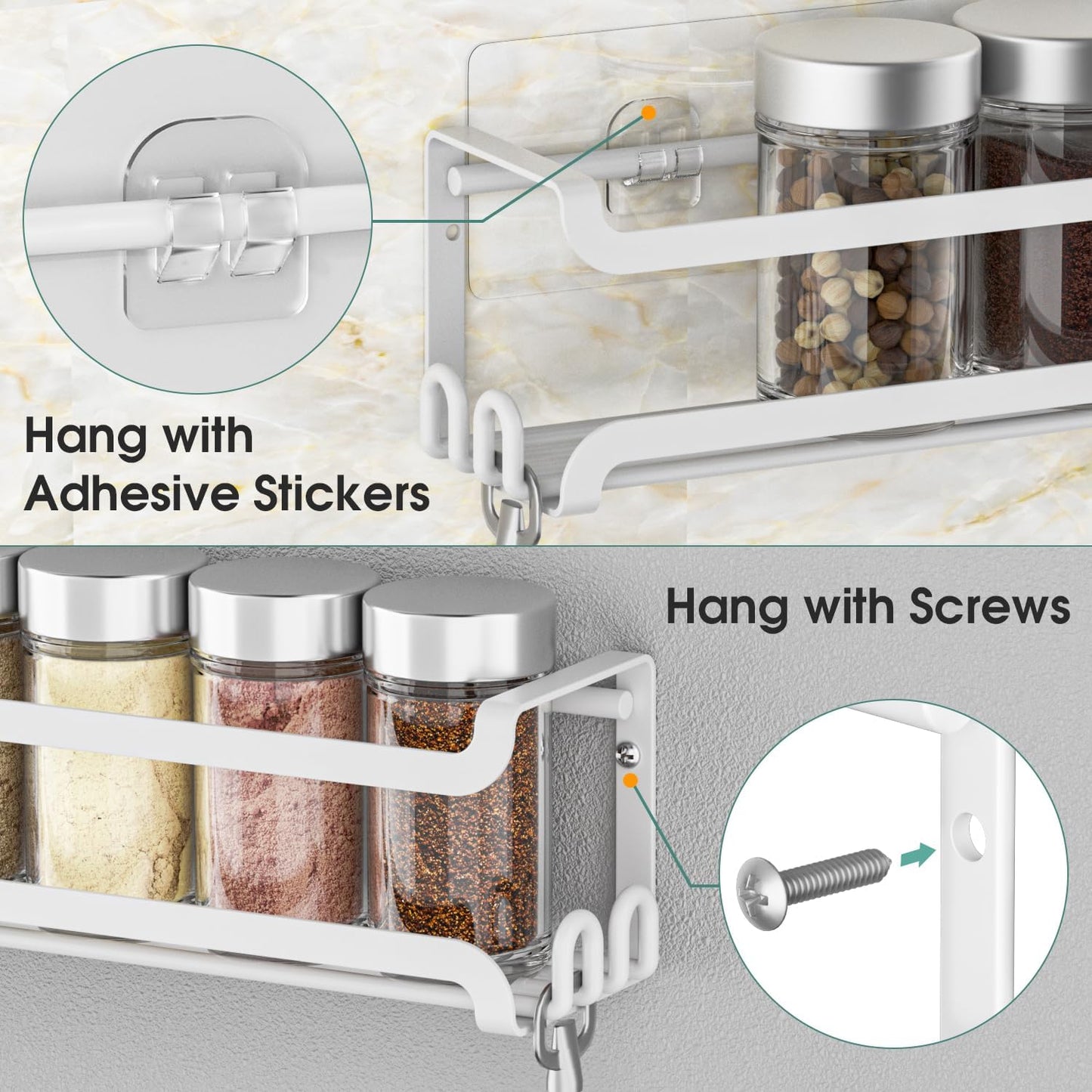LUCYCAZ 2 Pack Wall Mounted Spice Rack with 16 Hooks, Spice Organizer Shelf for Stove Cabinet Pantry Door,Screw or Adhesive Spice Shelf Hanging Wall Spice Rack in Kitchen and RV (White, 2 PACK)