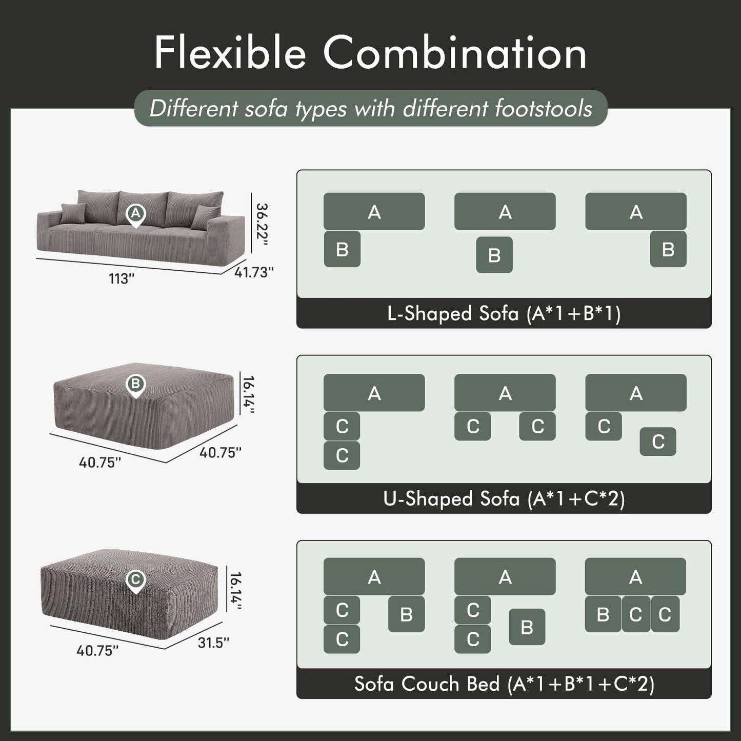Boneless Cloud Couch Sofa for Living Room, 112" 3 Seater Grey Modern Lounge Sleeper Couch, No Assemble, Cordury Compression Upholstered Couches