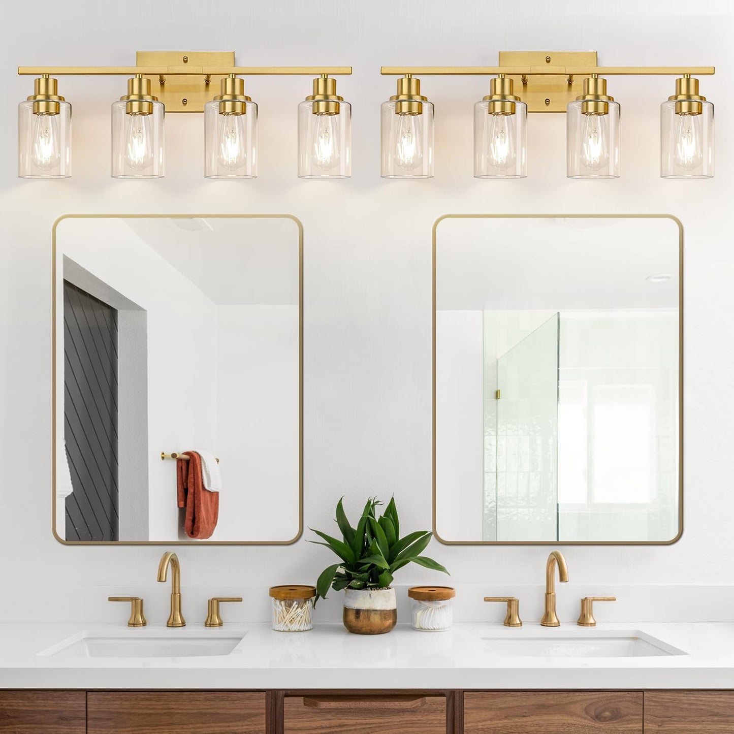 4-Light Vanity Lights with Clear Glass Shades, Brushed Gold Bathroom Light Fixtures Over Mirror, Modern Bathroom Wall Lamp for Mirror Living Room Cabinet Bedroom Porch