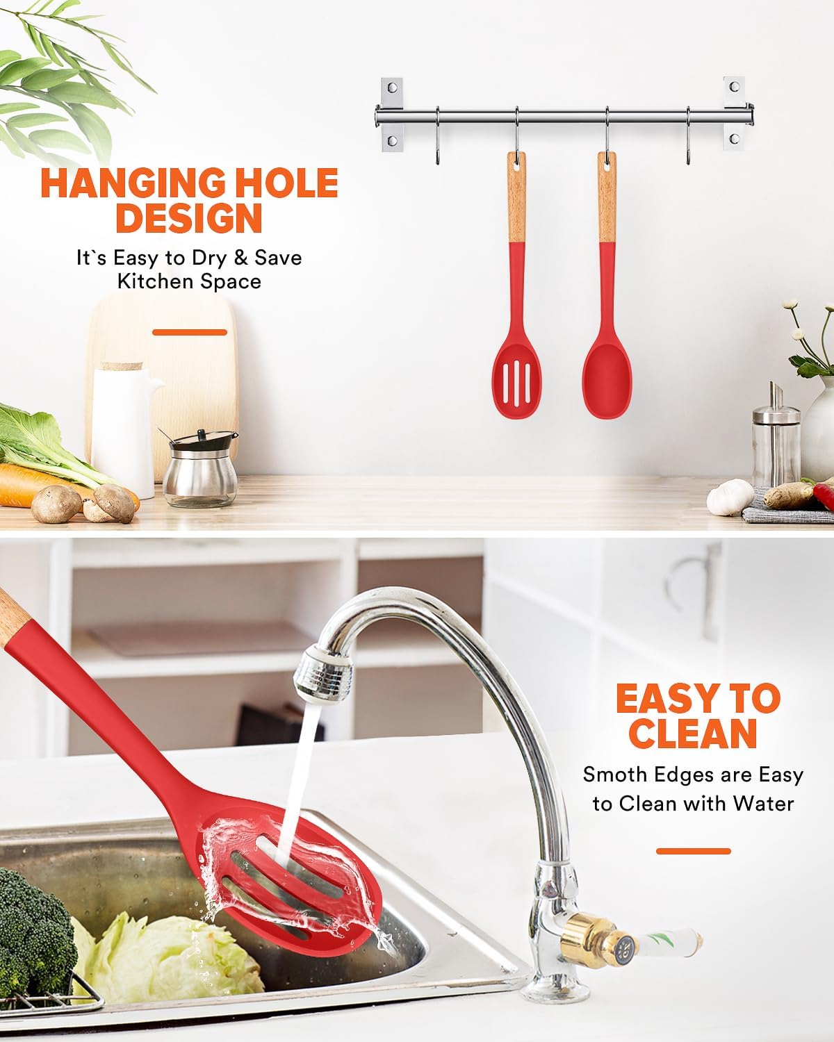 Silicone Cooking Spoons, Great for Scooping Sides and Serving Hearty Stews, BPA-Free Matte Silicone, Wooden Handle Serving Spoon for Nonstick Cooking Surfaces (Red)