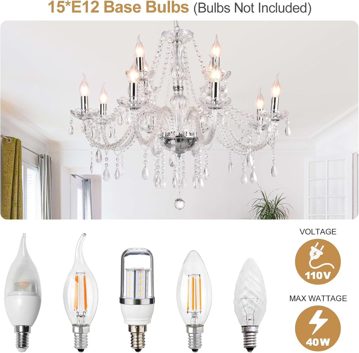 Modern Elegant 15 Lights K9 Crystal Glass Chandelier Pendant Ceiling Lighting European Style for Dining Living Room Bedroom Transparent,15 E12 Bulbs Required