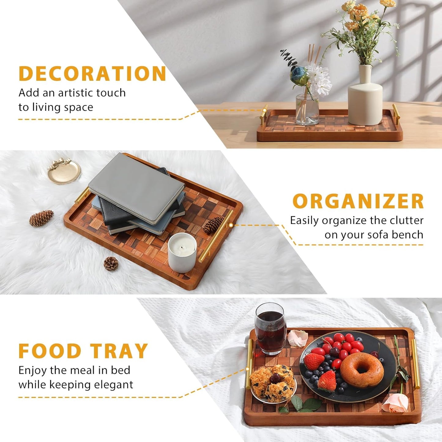 Wooden Serving Tray with Handles Mat, Decorative Coffee Table Trays, Wood Ottoman Tray for Serving Food Drink Breakfast Dinner,1 Pcs