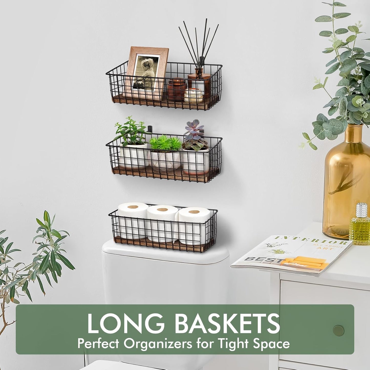 Wall Hanging Baskets 3 Pack, Extra Large Diversified Wire Basket Shelves of Wooden Style, with Wall Mounted Hooks & Traceless Stickers, for Kitchen Coffee Bar Office Room Garage Storage Organization