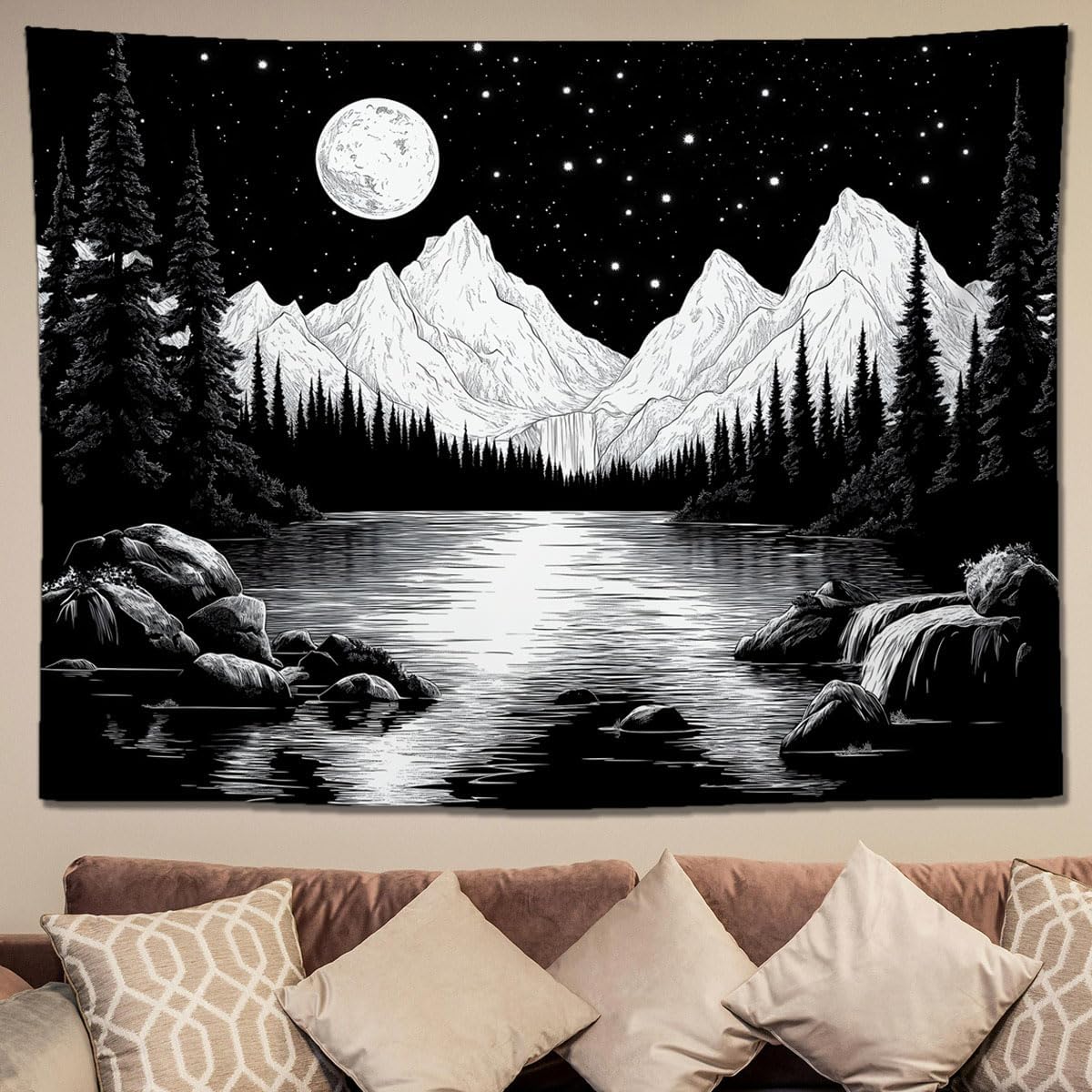 keowhsf Starry Night Mountain Lake Tapestry Black and White Tapestries Aesthetic Moon and Stars Wall Hanging Dark Nature Forest Tapestry for Bedroom Living Room Dorm Decor