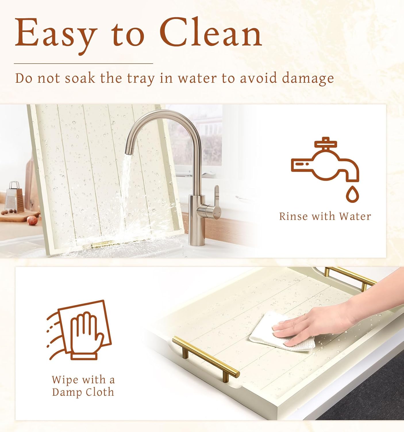 Coffee Table Tray - Large Ottoman Tray for Living Room - Wood Serving Trays with Handles(2 Sets) - Wooden Trays for Coffee Table, 4 Round Coasters Included, Off-White