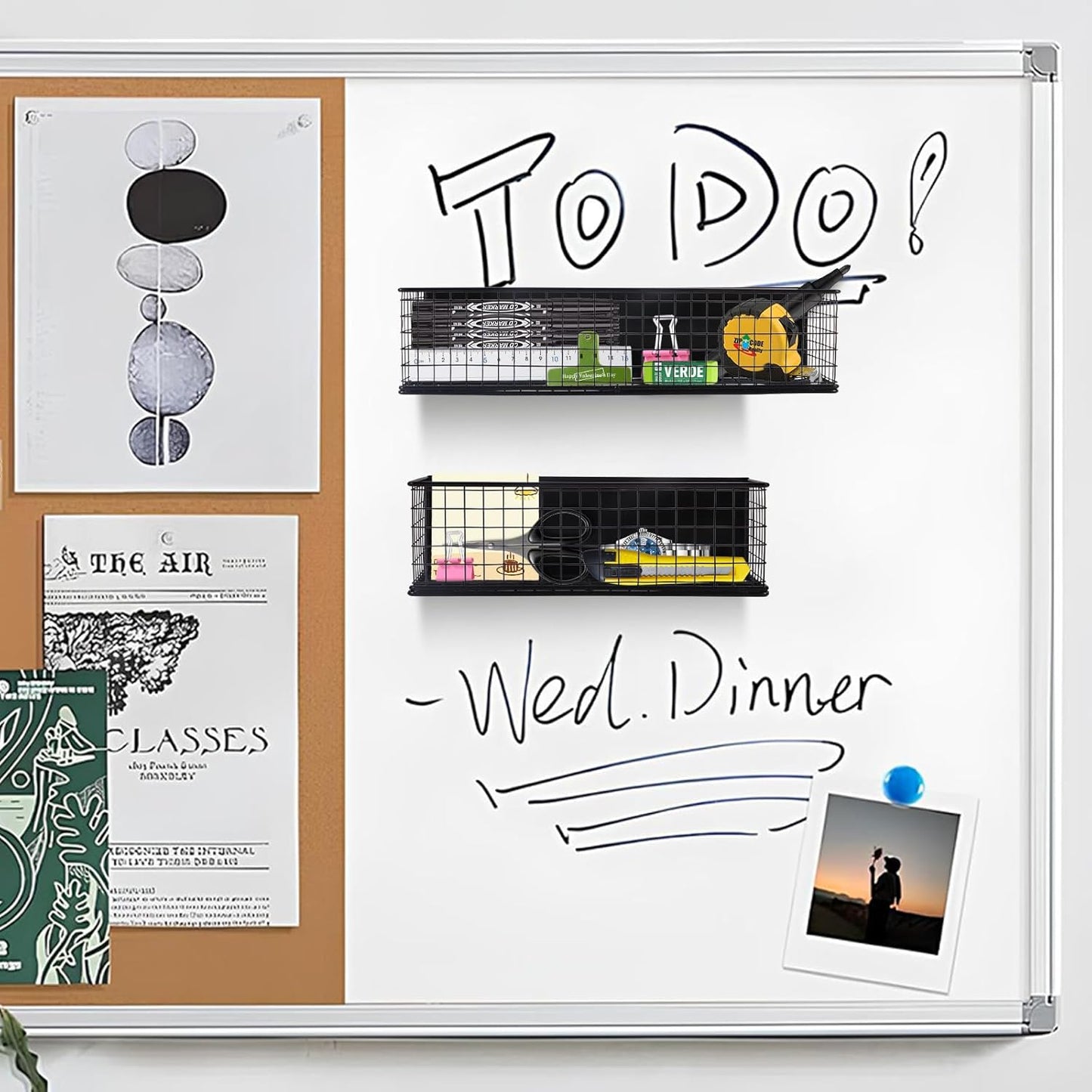 Magnetic Basket, Magnetic Shelf for Fridge,Magnetic Spice Rack Wire Mesh Magnetic Organizer Holder Accessories for Office Kitchen Classroom Storage, Black-High, Large x1&Small x1 Set of 2