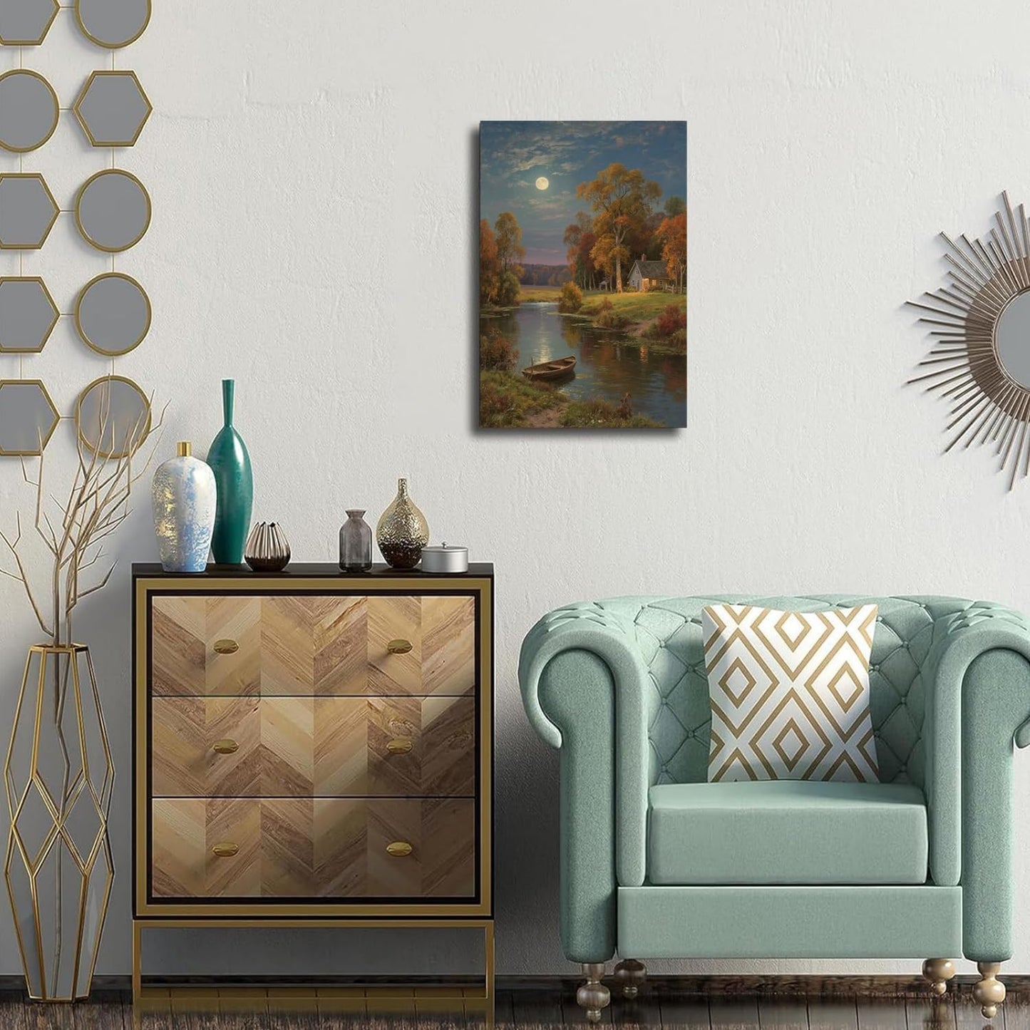 Small house by the stream under the moonlight tranquil style suitable for living room bedroom and office landscape poster wall art