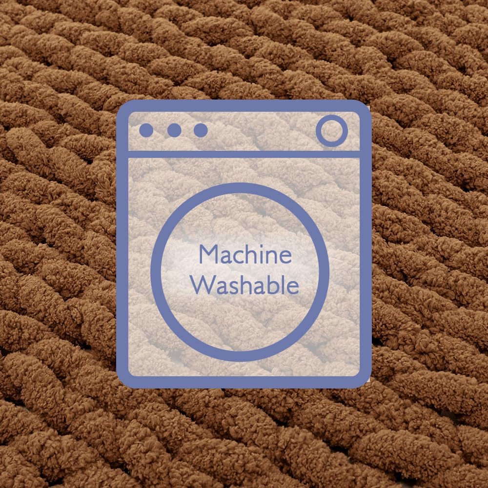 Bigacogo Chunky Knit Throw Blanket for Couch, 40x40 inches, 100% Hand Knitted with Thick Jumbo Chenille Yarn, Cozy Soft Large Rope Knot Cable Crochet Blankets for Sofa Bed Living Room, Caramel